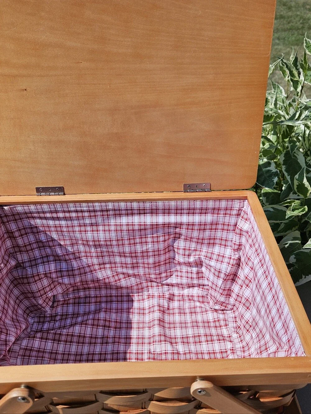 Pottery Barn New Woven Wooden Picnic Basket with Dual Top Handles - Natural Wood